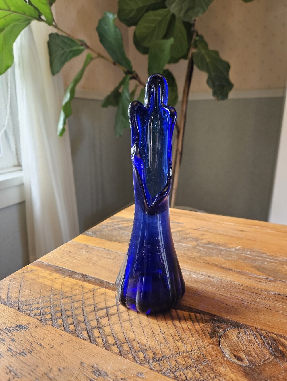 Vintage MCM 5 Finger Swung Glass Vase, Cobalt Blue